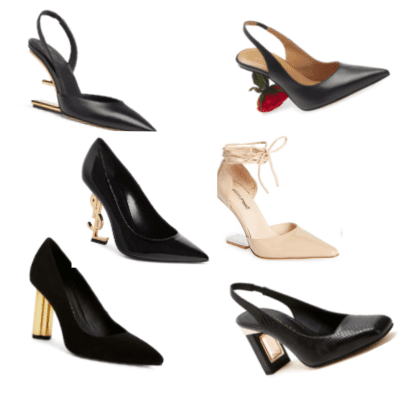 collage of 6 heels with weird, sculptural, interesting heel shapes