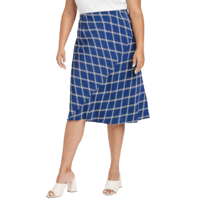 one of the most stylish skirts for work in 2022: a flippy, silky skirt from Target brand Ava & Viv in a blue check pattern
