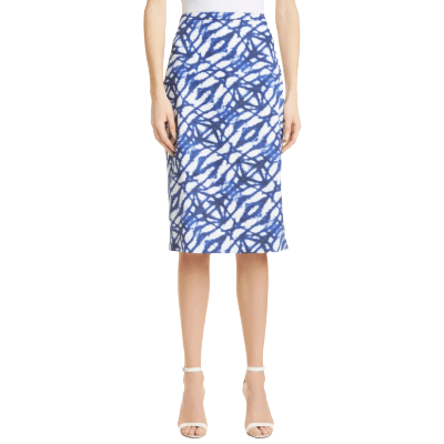 one of the best skirts for work in 2022: a colorful blue and white pencil skirt from natori