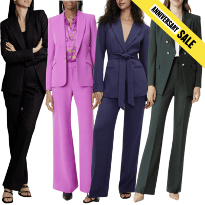 collage of 4 suits in the 2023 nordstrom anniversary sale; yellow banner reads "Anniversary Sale"