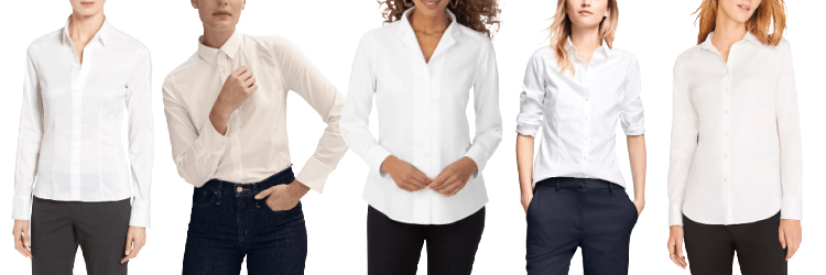 collage of 5 women wearing crisp button-front collared shirts