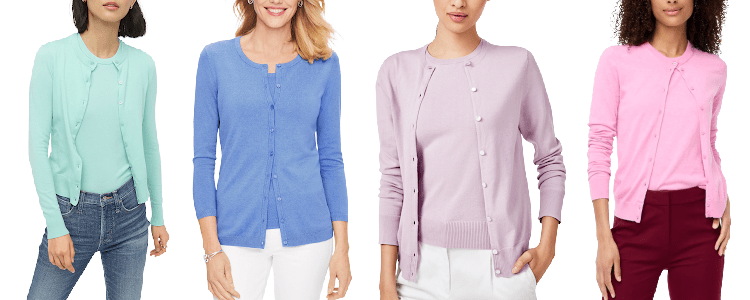 collage of four women wearing classic cardigans as twinsets for work in mint, blue, lavender, and pink