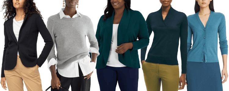 collage of 5 classic sweaters for work including a black 100% cotton sweater blazer, a gray 100% cashmere crewneck, a green acrylic cardigan, a navy shawl-collar pullover in silk-cashmere, and a blue cardigan in silk-wool.