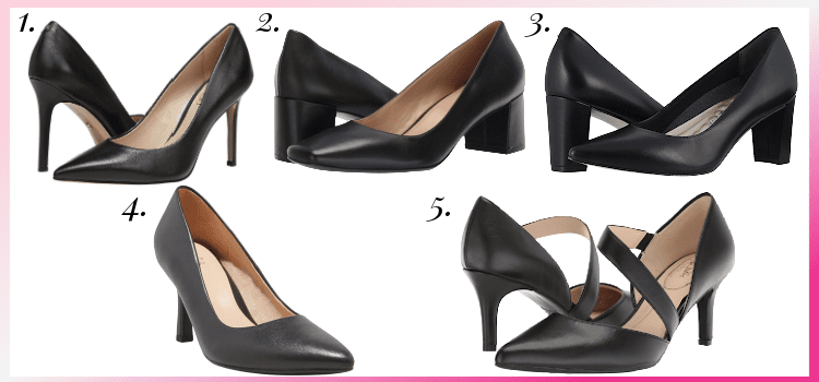 collage of 5 classic work heels available in wide widths