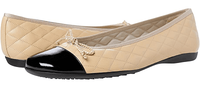 beige quilted flat with black patent cap toe