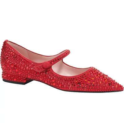 red Mary Jane flat with crystal embedded on it 