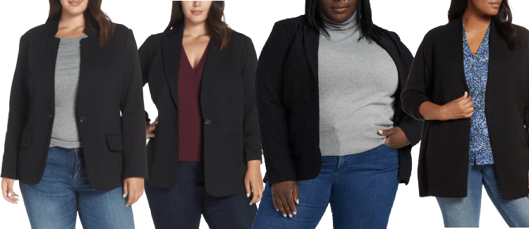 collage of 4 plus size women wearing blazers