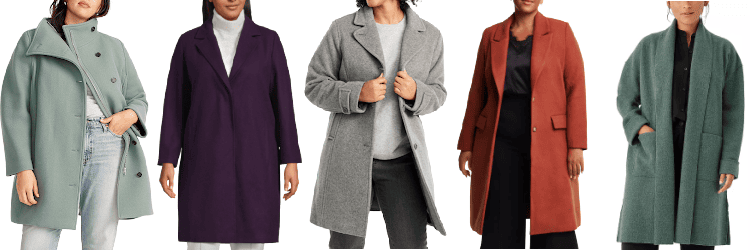 collage of 5 plus-size professional women wearing winter coats