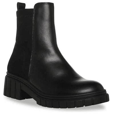 black leather bootie with thick, striped lug sole, very similar to the Prada Monolith boots that Gwyneth Paltrow wore at her ski trial (also: waterproof)
