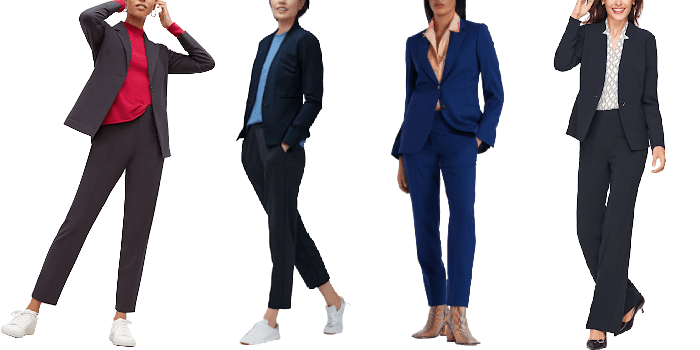 collage of 4 women wearing travel-friendly suits