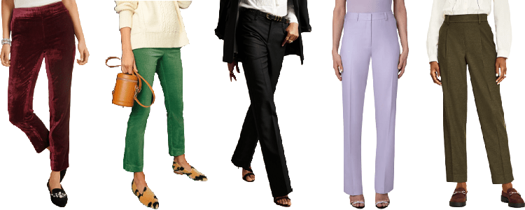 collage of women wearing warm winter dress pants for women like velvet, corduroy, wool blend, cashmere blend, and wool flannel (all inexplicably styled with bare ankles)