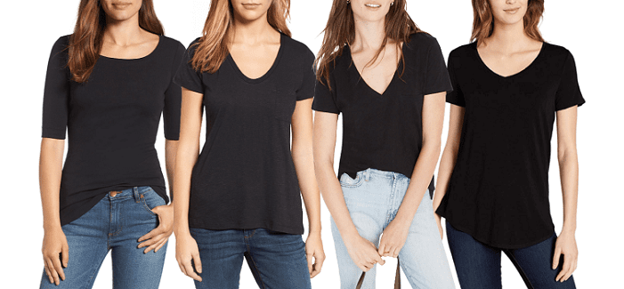 collage of 4 women wearing black tees: 1) scoopneck, elbow sleeve, 2) rounded scoopneck, short sleeve, 3) v-neck, short sleeve, 4) wide v-neck, tunic length