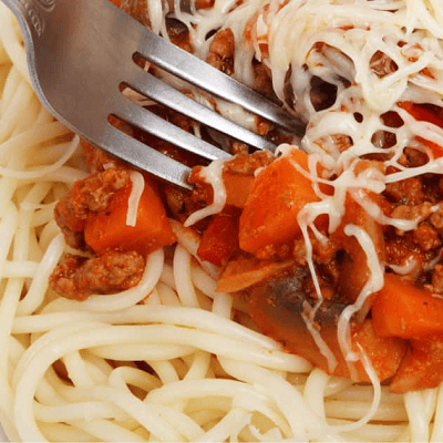 close-up shot of spaghetti with meat sauce