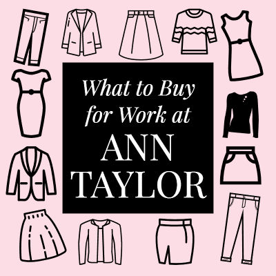 graphic reads "What to Buy for Work at ANN TAYLOR," the background is pink with various fashion-related icons