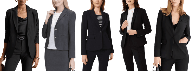 collage of 5 stylish petite suits for women available in 2023